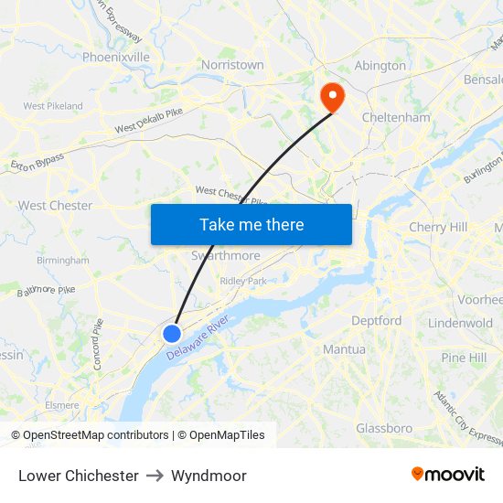 Lower Chichester to Wyndmoor map