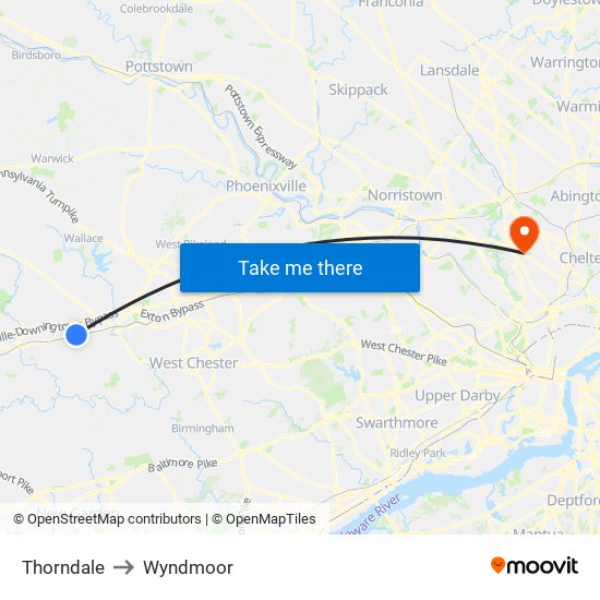 Thorndale to Wyndmoor map