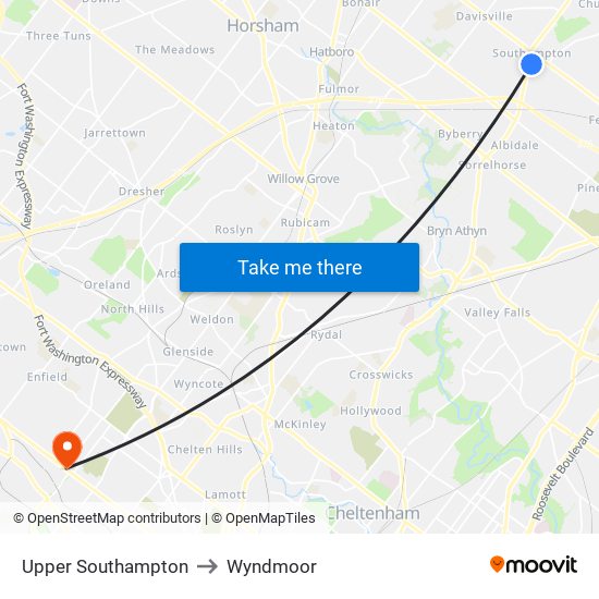 Upper Southampton to Wyndmoor map