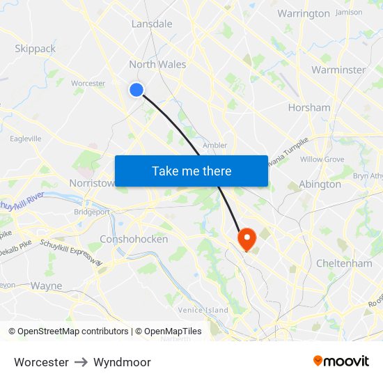Worcester to Wyndmoor map