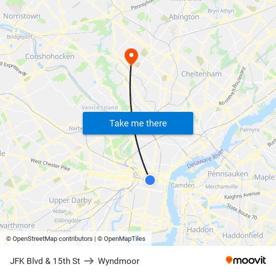JFK Blvd & 15th St to Wyndmoor map