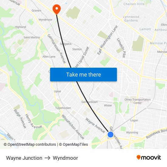 Wayne Junction to Wyndmoor map