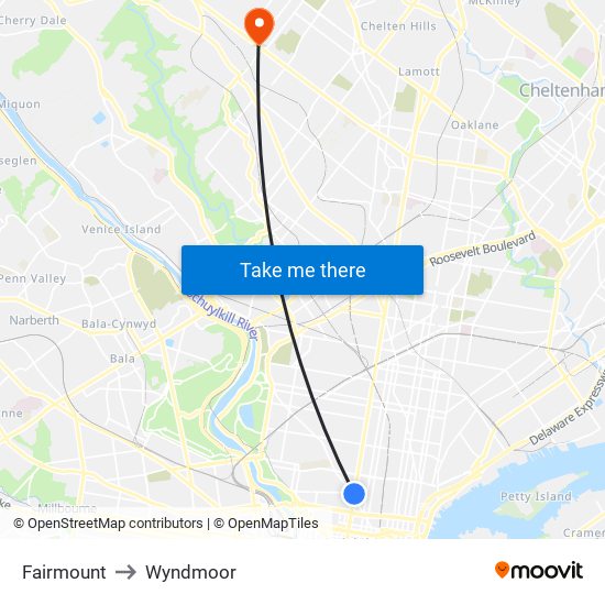 Fairmount to Wyndmoor map