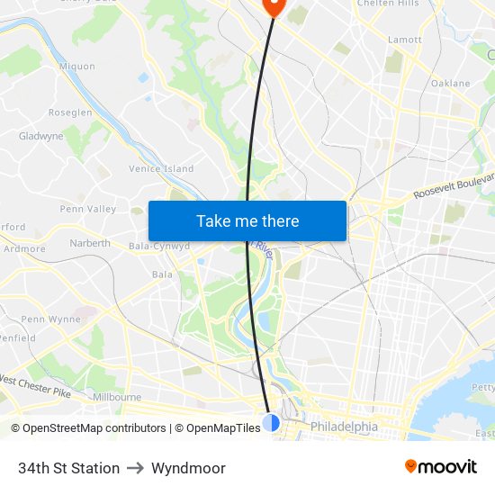 34th St Station to Wyndmoor map