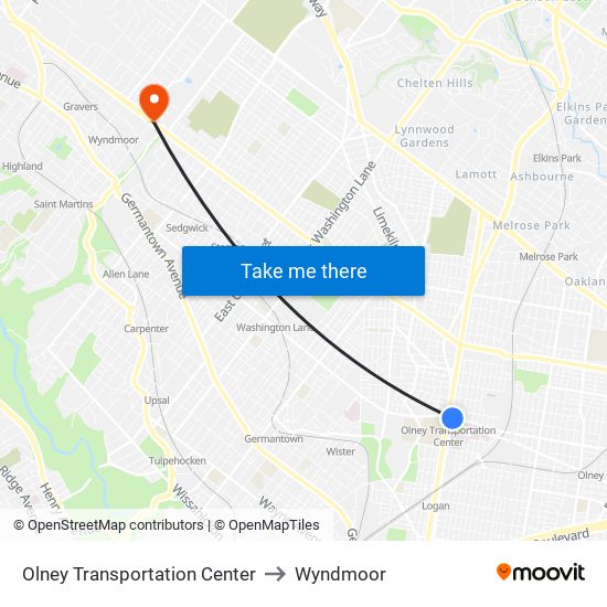 Olney Transportation Center to Wyndmoor map