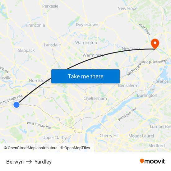 Berwyn to Yardley map