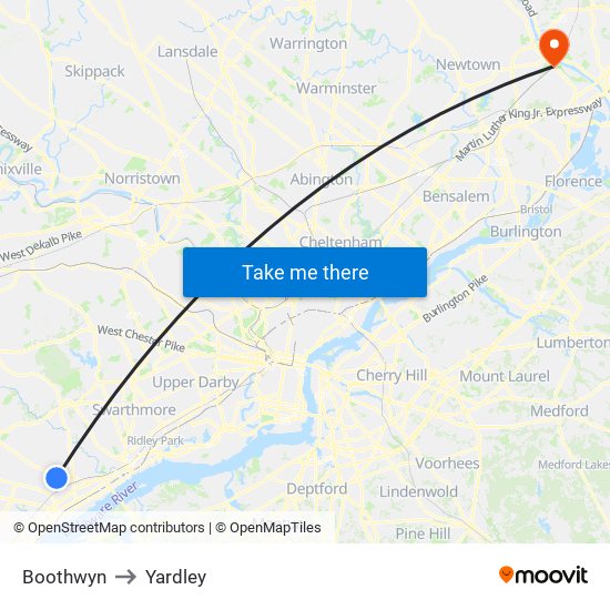 Boothwyn to Yardley map