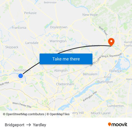 Bridgeport to Yardley map