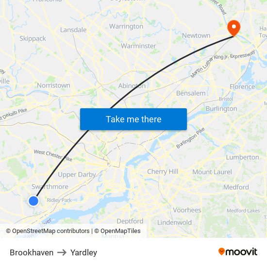 Brookhaven to Yardley map