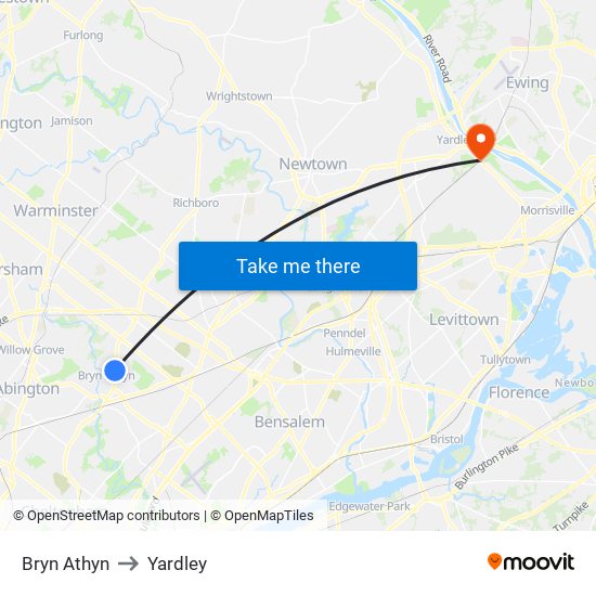Bryn Athyn to Yardley map