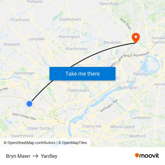 Bryn Mawr to Yardley map