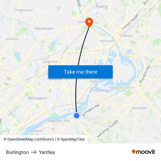 Burlington to Yardley map