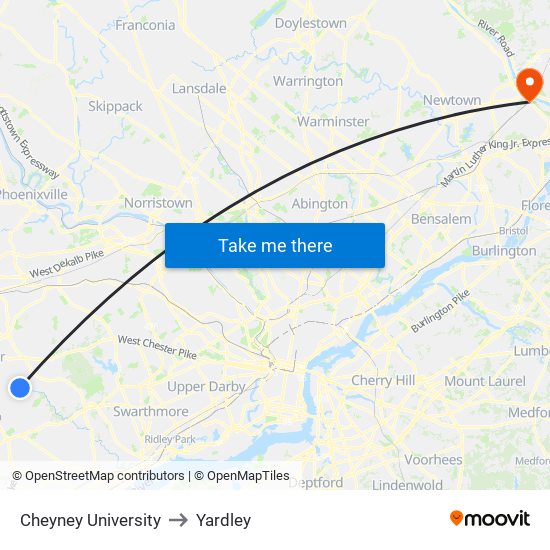 Cheyney University to Yardley map