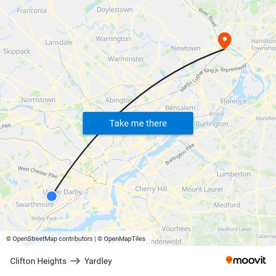 Clifton Heights to Yardley map