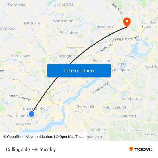 Collingdale to Yardley map