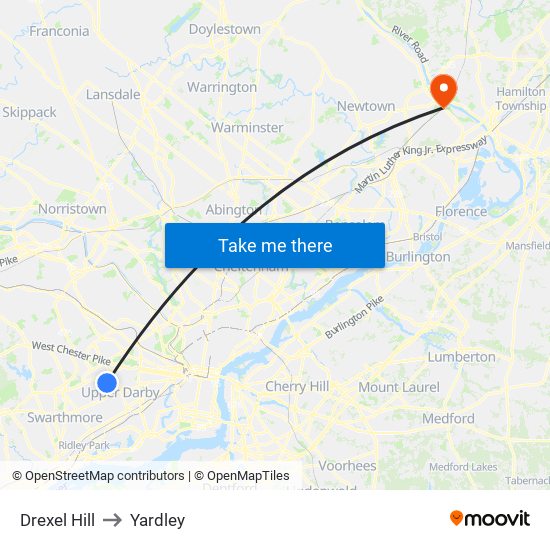 Drexel Hill to Yardley map