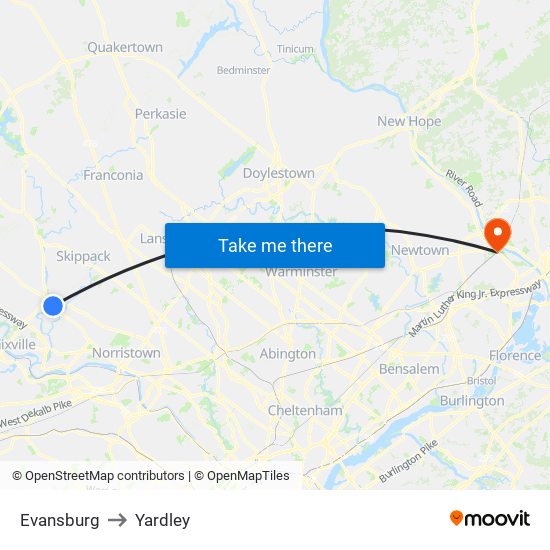 Evansburg to Yardley map