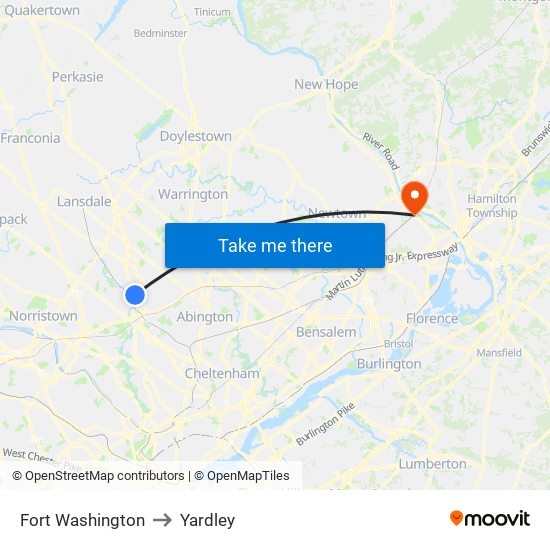Fort Washington to Yardley map