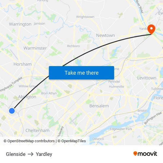 Glenside to Yardley map