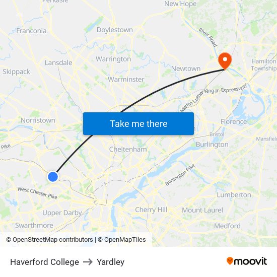 Haverford College to Yardley map