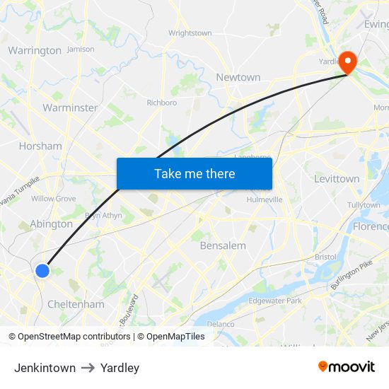 Jenkintown to Yardley map