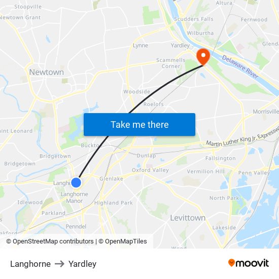 Langhorne to Yardley map