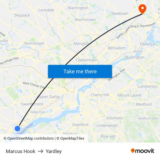 Marcus Hook to Yardley map