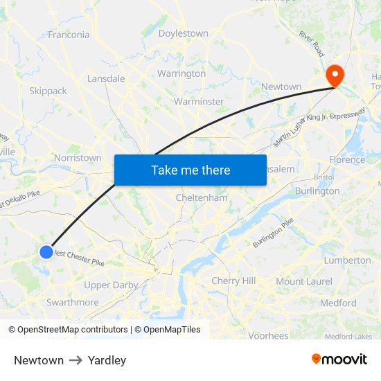 Newtown to Yardley map