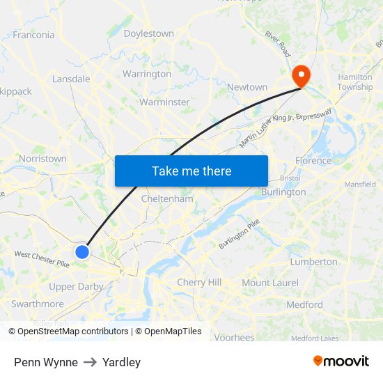 Penn Wynne to Yardley map