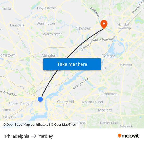 Philadelphia to Yardley map