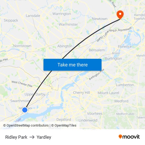 Ridley Park to Yardley map