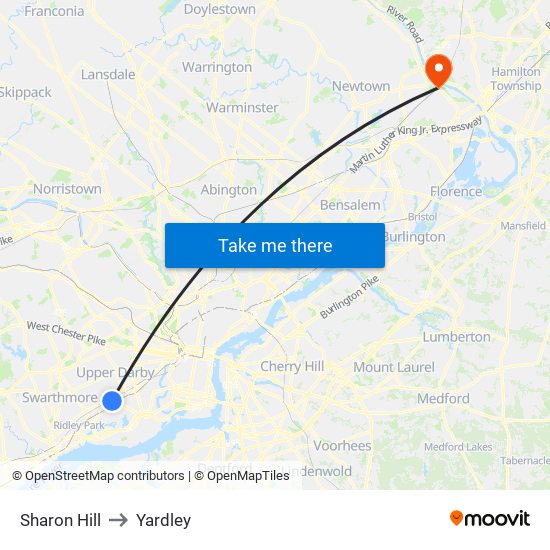 Sharon Hill to Yardley map