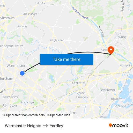 Warminster Heights to Yardley map