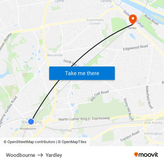 Woodbourne to Yardley map