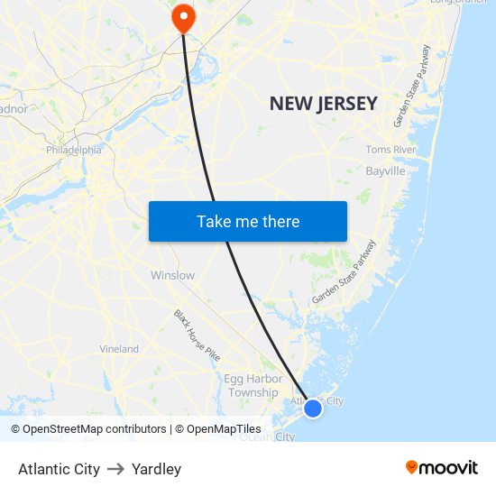 Atlantic City to Yardley map