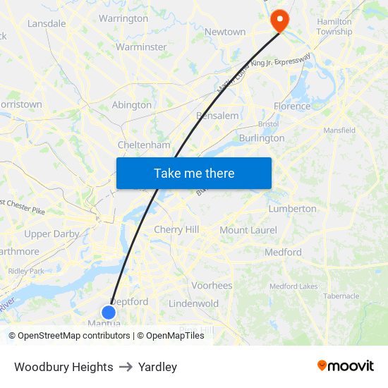 Woodbury Heights to Yardley map