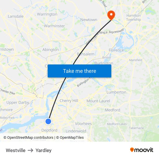 Westville to Yardley map