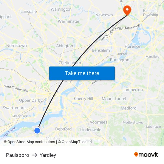 Paulsboro to Yardley map