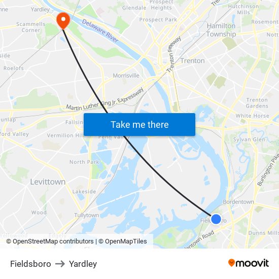 Fieldsboro to Yardley map