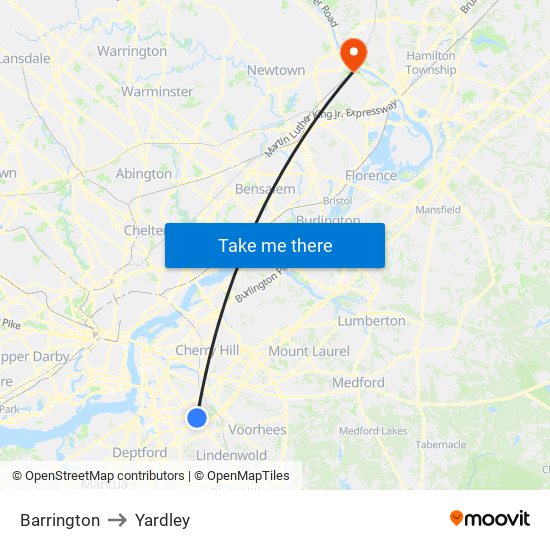 Barrington to Yardley map