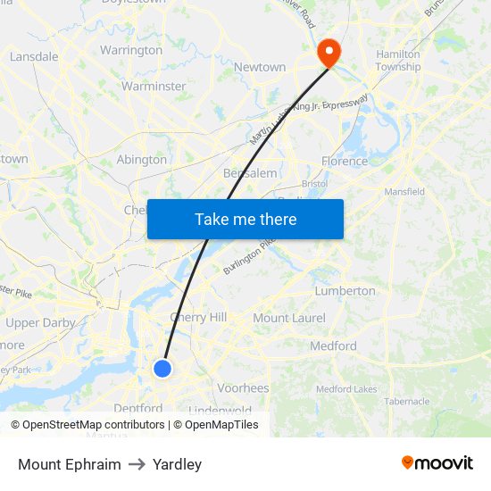 Mount Ephraim to Yardley map