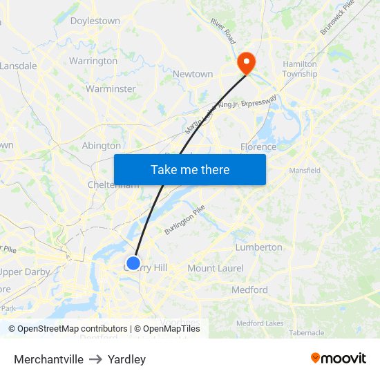 Merchantville to Yardley map