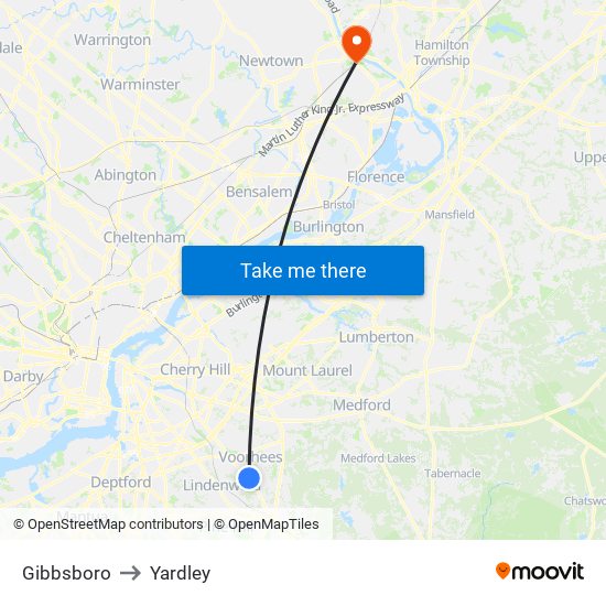 Gibbsboro to Yardley map