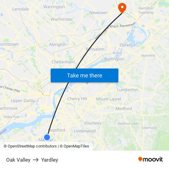 Oak Valley to Yardley map