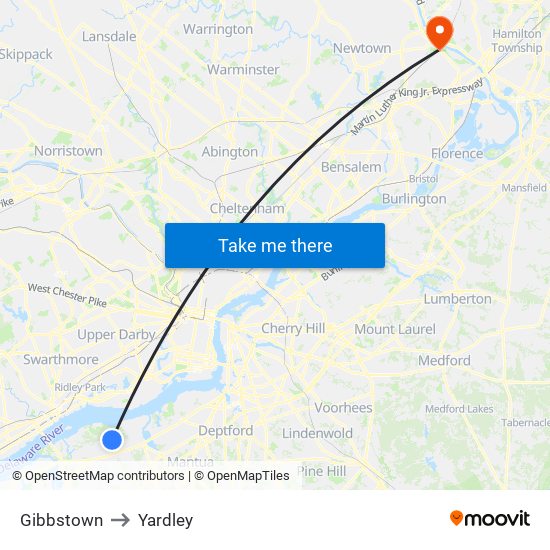 Gibbstown to Yardley map