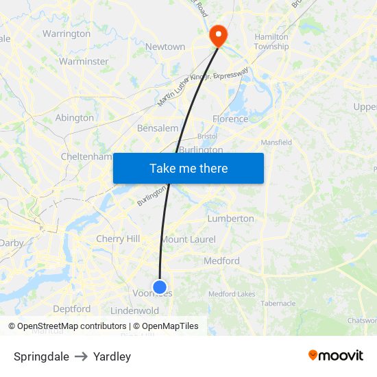 Springdale to Yardley map