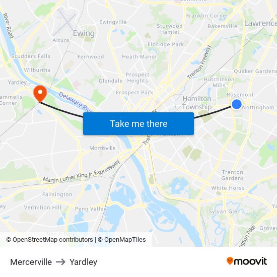 Mercerville to Yardley map
