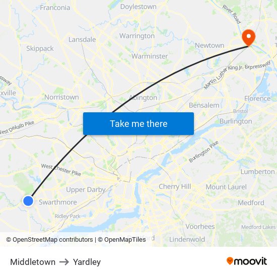 Middletown to Yardley map