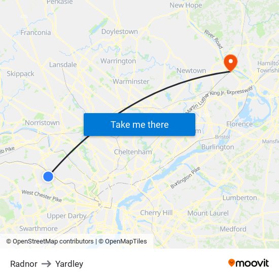 Radnor to Yardley map