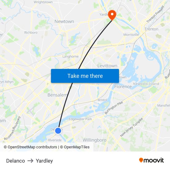 Delanco to Yardley map